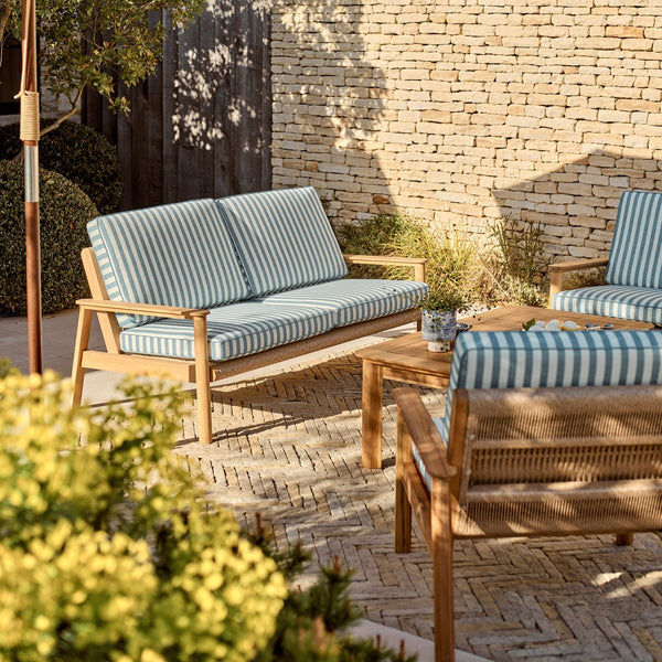 Neptune Sofas Kew Teak 2 Seater Sofa with Raya Turchese Cushions
