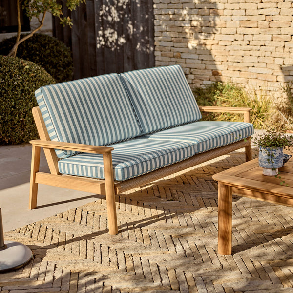 Neptune Seasonal_Garden_Outdoor sofas and relaxed chairs Kew 2 Seater Teak Garden Sofa, Raya Blue Stripe